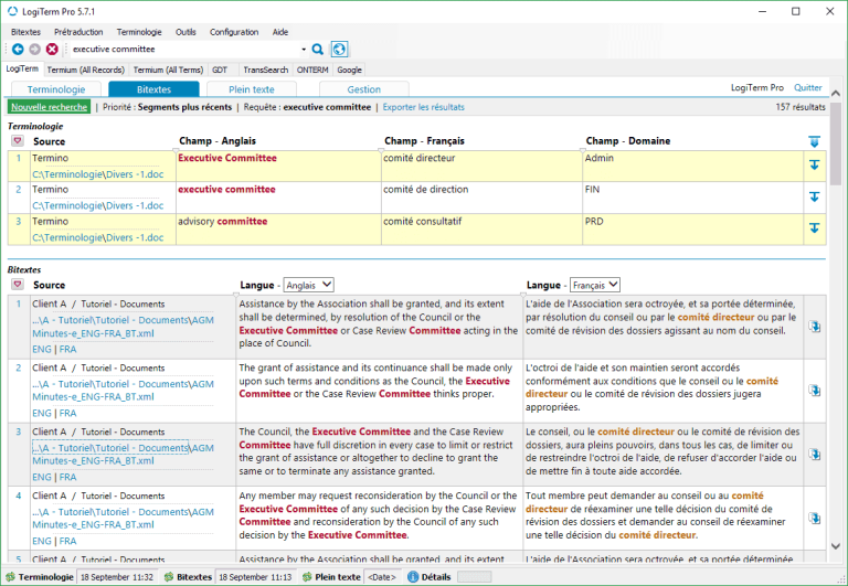 Interface de la base Plein texte montrant l’indexation de documents de différents formats et la création de bitextes pour la prétraduction.