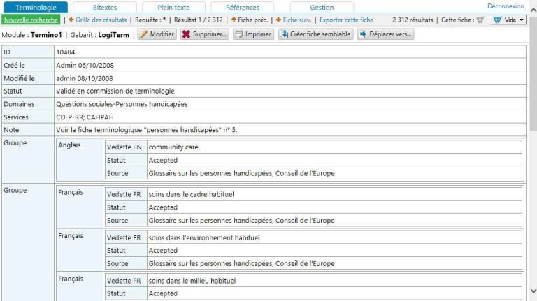 Fenêtre de la fonction d’alignement de documents montrant deux colonnes de texte