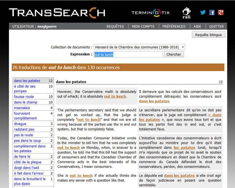 Interface de TransSearch affichant les résultats d’une recherche bilingue